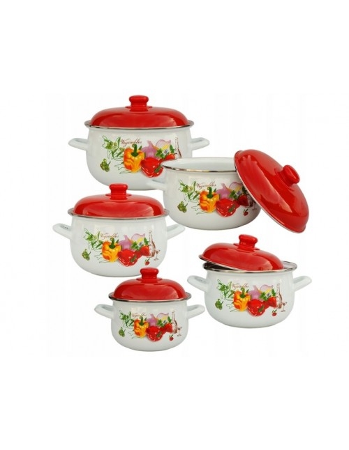 Cookware Set with Vintage Vegetable Illustration and Red Domed Lids