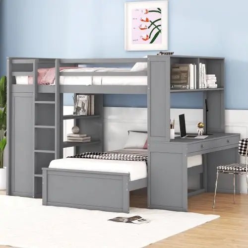 Cool Grey Loft Bed Wardrobe Combo with Perpendicular Bed