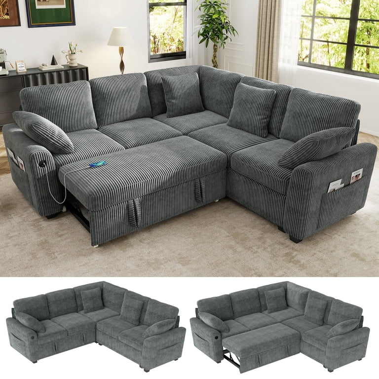 Corduroy Sectional Sleeper Sofa in Gray with USB Charging Port