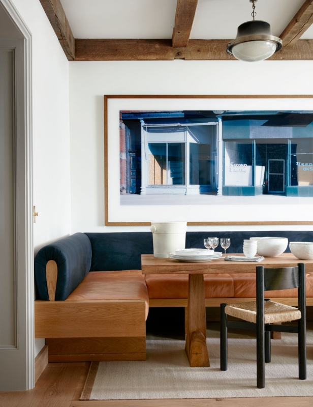 Corner Banquette Leather Seating Rustic Exposed Ceiling Beams
