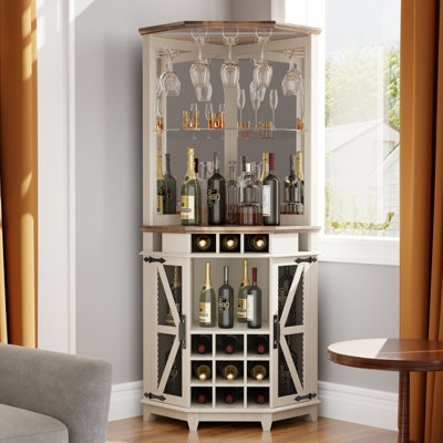 Corner Bar Cabinet Farmhouse Style with Mirrored Back