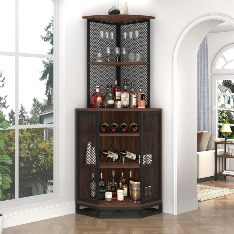 Corner Bar Cabinet Industrial Farmhouse with Geometric Base