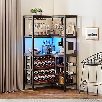 Corner Bar Cabinet L-Shaped Industrial with LED Strip Lighting