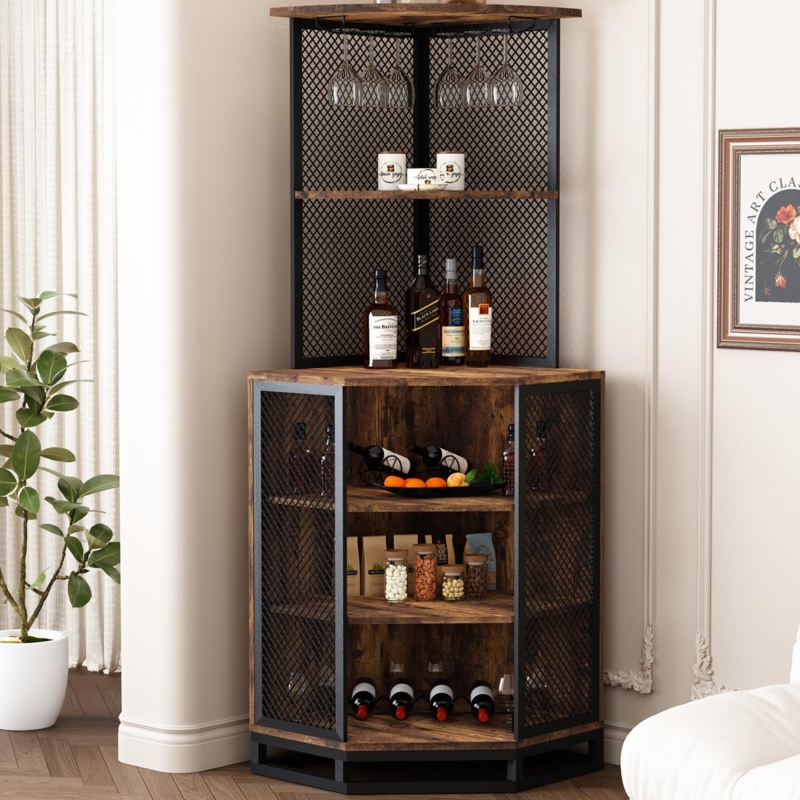 Corner Bar Cabinet Rustic Industrial with Metal Mesh Panels
