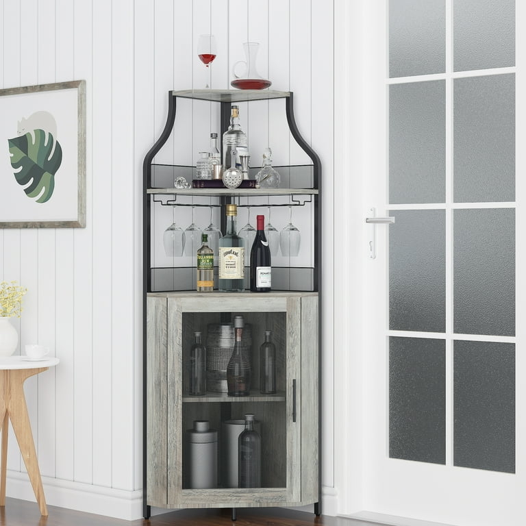 Corner Bar Cabinet Weathered Grey with Glass Front Cabinet