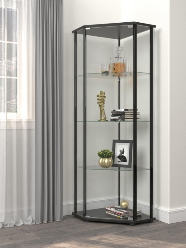 Corner Curio Cabinet All Glass Exterior Matte Black Modern Minimalist