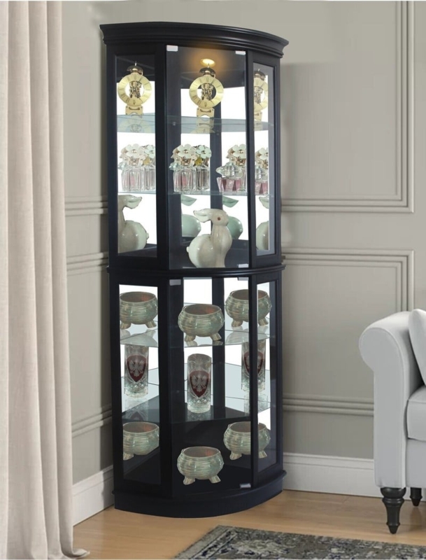 Corner Curio Cabinet Black Curved Front Mirrored Back Lighted Vitrine
