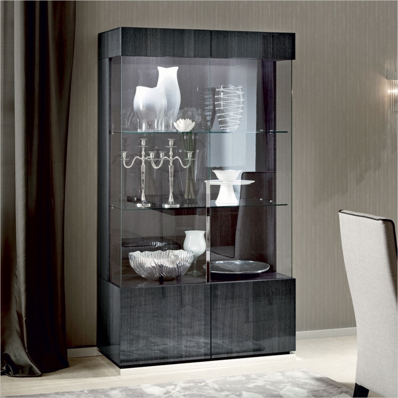Corner Curio Cabinet Charcoal Wood Grain Glossy Finish Contemporary