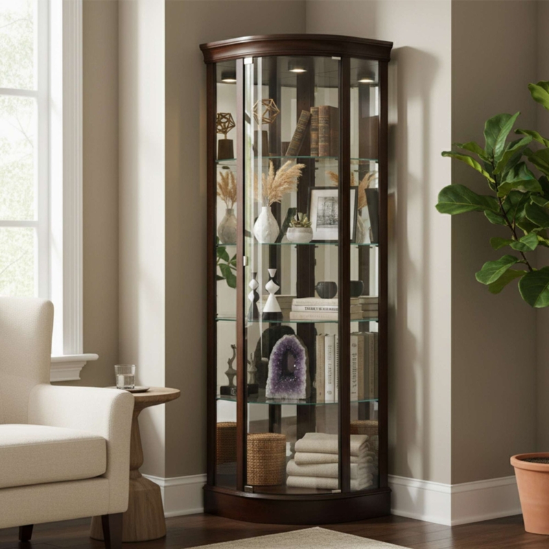 Corner Curio Cabinet Curved Glass Front Espresso Wood Traditional Style