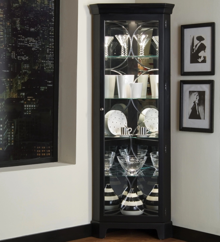 Corner Curio Cabinet Decorative Lattice Doors Matte Black Mirrored