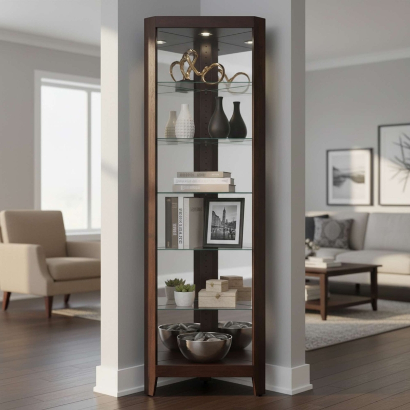 Corner Curio Cabinet Espresso Tapered Legs Lighted Glass Display Case