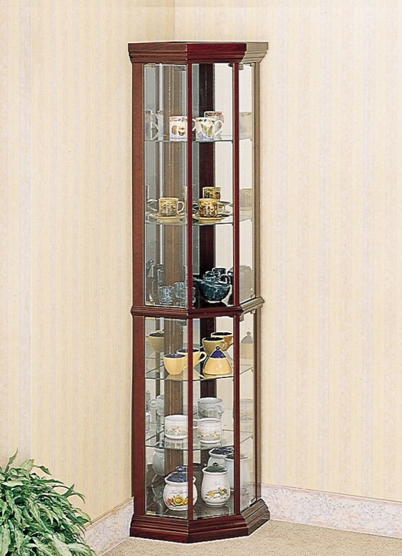 Corner Curio Cabinet Faceted Glass Mahogany Finish Traditional Style