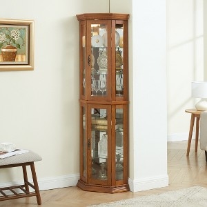 Corner Curio Cabinet Honey Brown Traditional Plinth Base Lighted