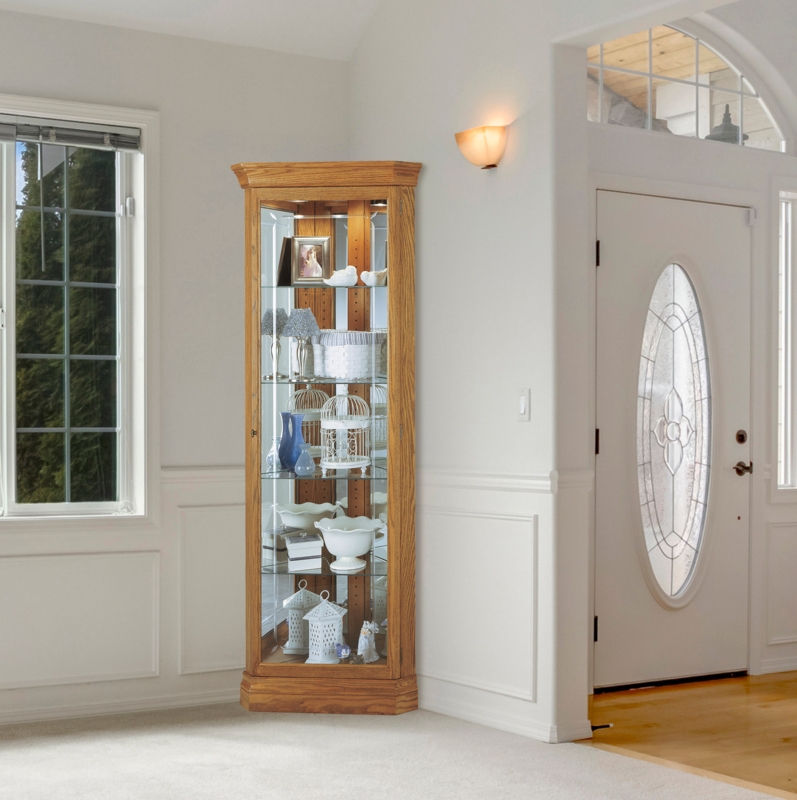 Corner Curio Cabinet Honey Oak Finish Crown Molding Lighted Display