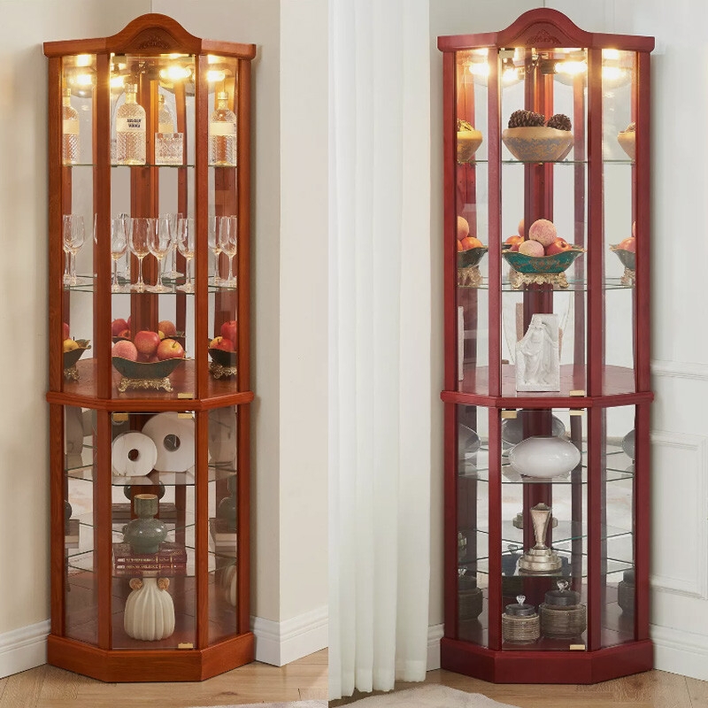 Corner Curio Cabinet Octagonal Front Honey Mahogany Tone Lighted Bar