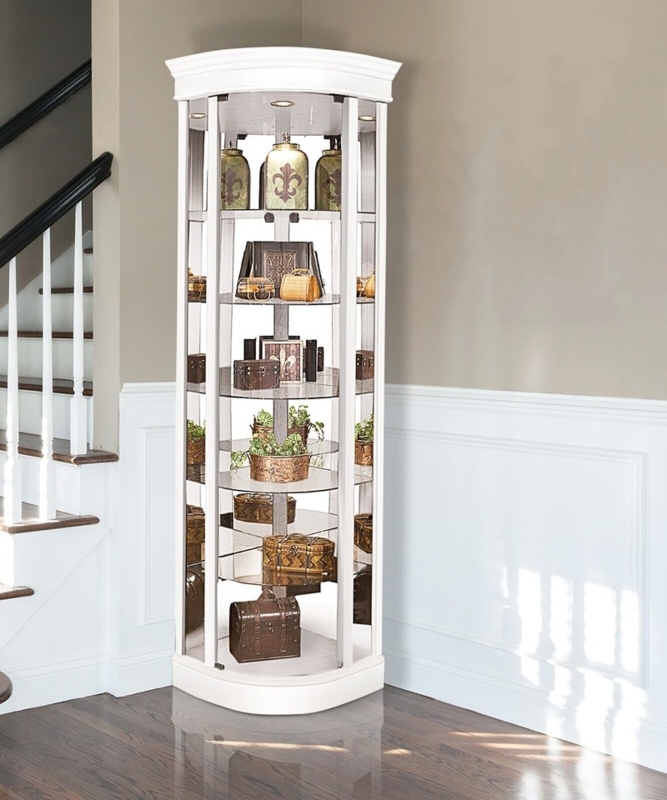 Corner Curio Cabinet Rounded Front White Finish Lighted Glass Shelves