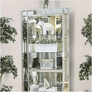 Corner Curio Cabinet Silver Finish Mirrored Back Tall Glam Storage