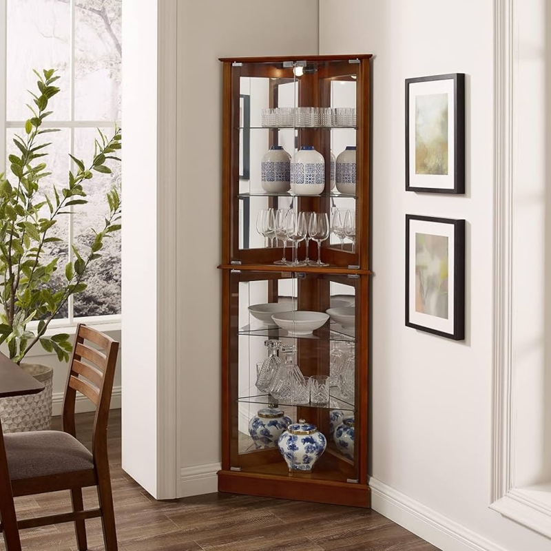Corner Curio Cabinet Six Tiers Walnut Brown Mirrored Back Lighted Case