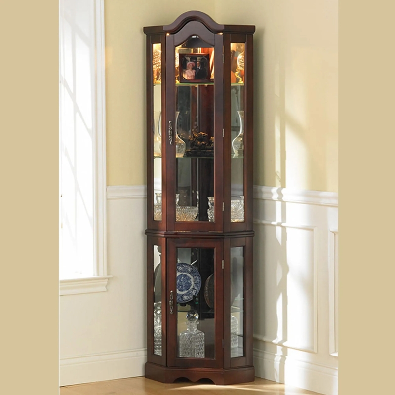 Corner Curio Cabinet Teardrop Handles Mahogany Arched Top Mirrored