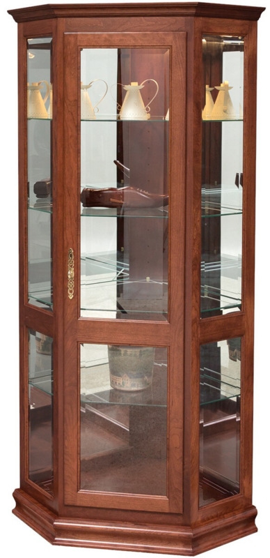 Corner Curio Cabinet Tiered Base Molding Reddish Brown Mirrored Back