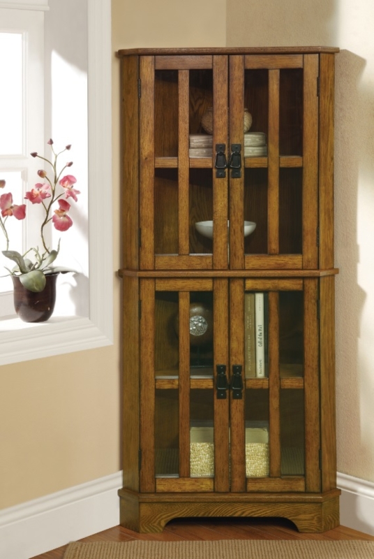 Corner Curio Cabinet Vertical Mullions Golden Brown Craftsman Style