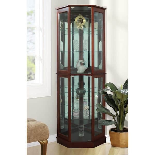 Corner Curio Cabinet Walnut 5 Sided Design Lighted Mirrored Shelving