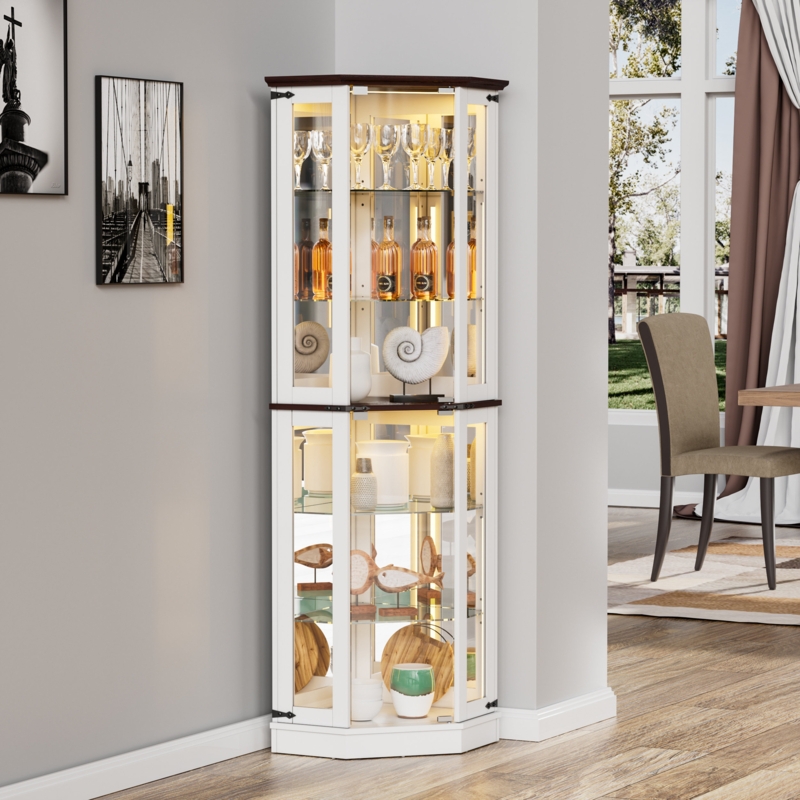 Corner Curio Cabinet White Double Doors Lighted Modern Farmhouse Hutch