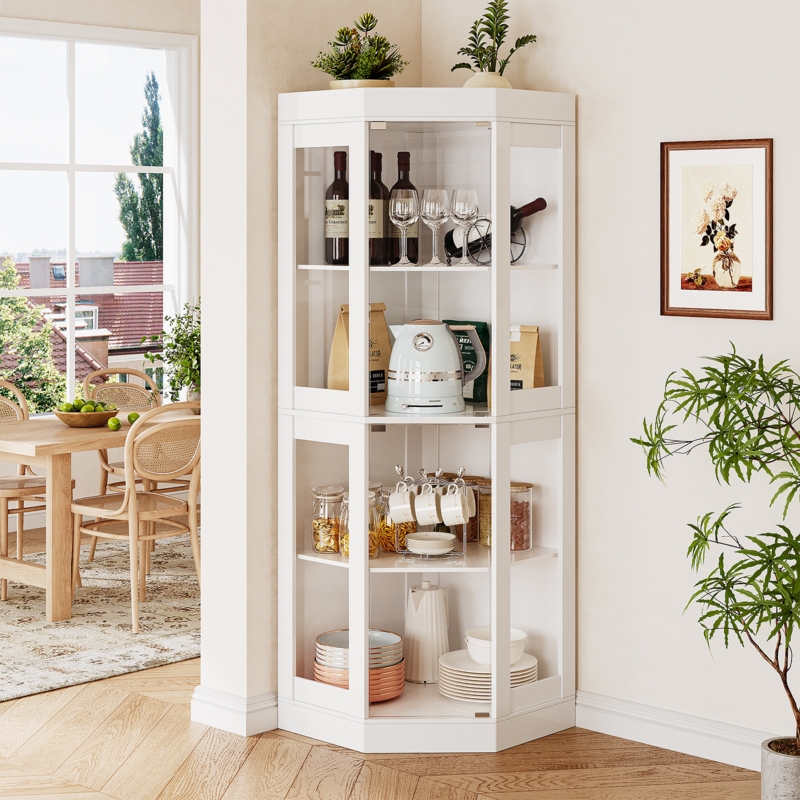 Corner Curio Cabinet White Framed Glass Tall Profile Modern Storage