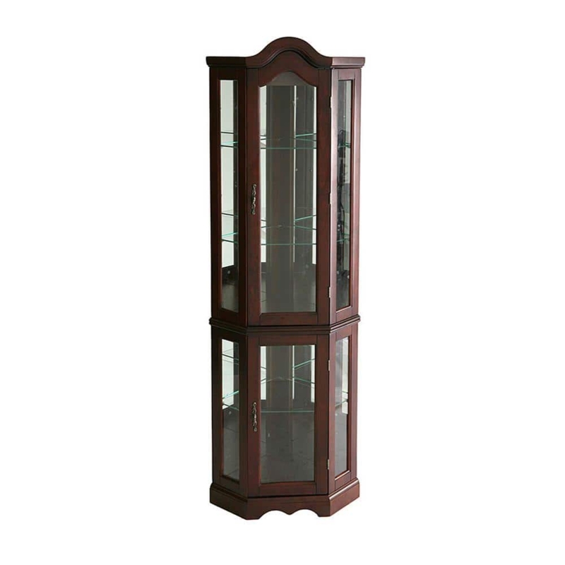 Corner Curio Cabinet with Arched Top and Scalloped Base Apron