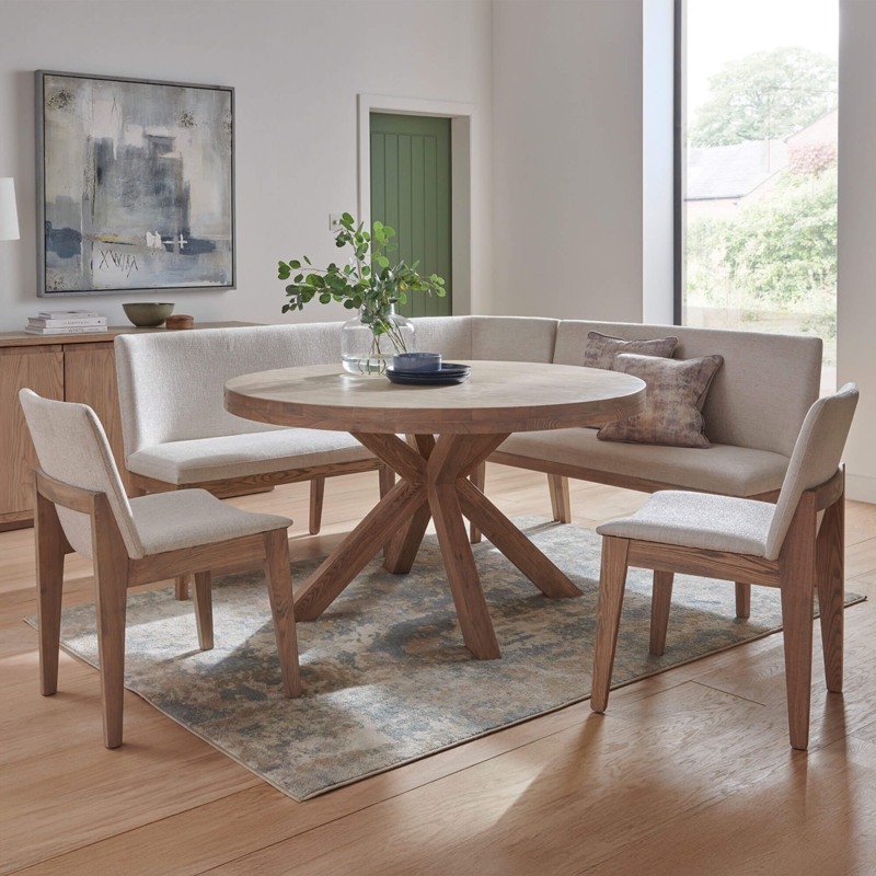 Corner Dining Set Round Pedestal Table Interlocking Base Beige Bench