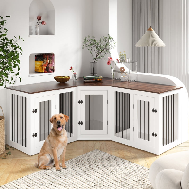 Corner Dog Crate L-Shaped Design, Triple Compartment White and Wood