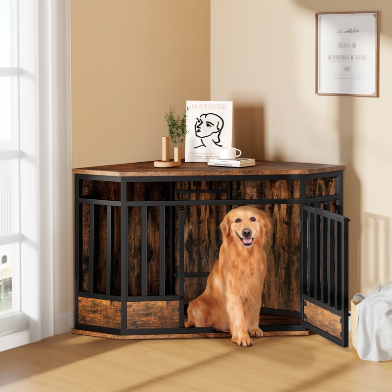 Corner Dog Crate Wood Grain Panels, Rustic Metal Bars End Table