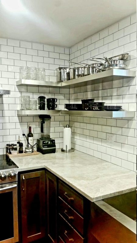 Corner Floating Shelf, Hairline Stainless Steel with Wrap Around Design
