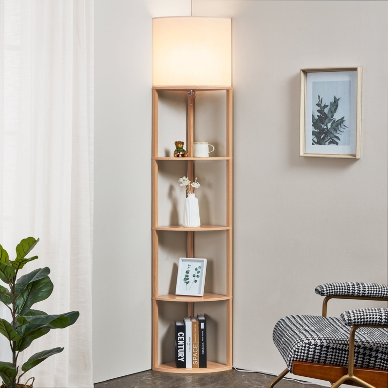 Corner Floor Lamp: Quarter-Circle Shelves, Natural Wood Finish, Tall