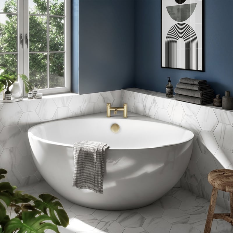 Corner Freestanding Bath with Brushed Brass Accents