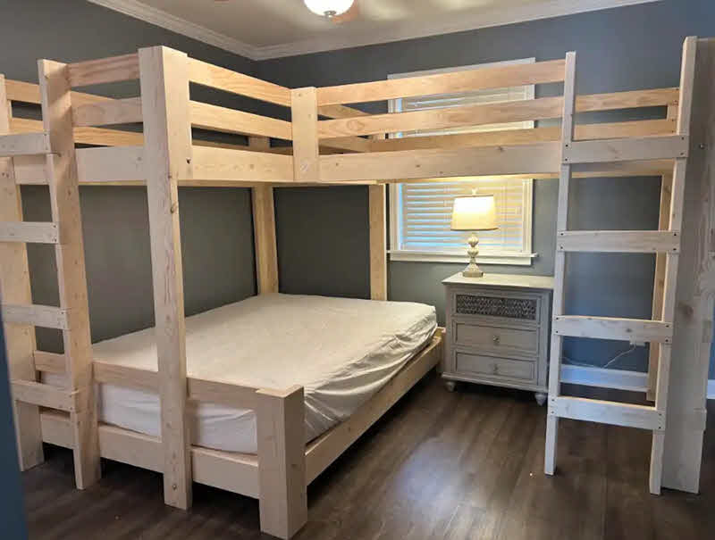 Corner L-Shaped Loft Bed in Natural Wood Finish with Ladders
