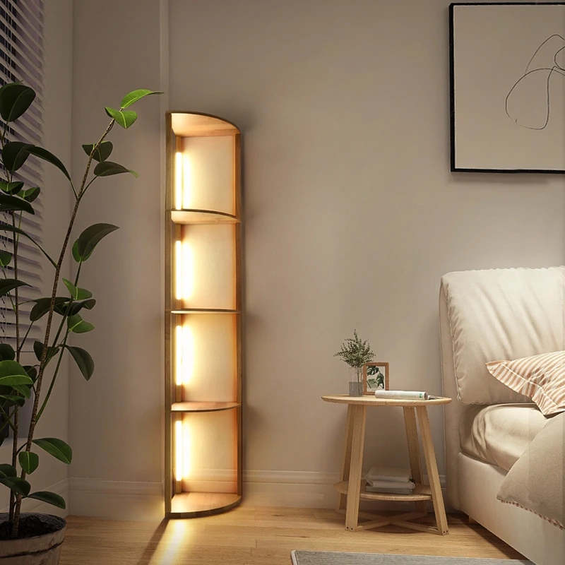 Corner Shelf Floor Lamp: Curved Wood Shelves, Vertical LED Light Strip