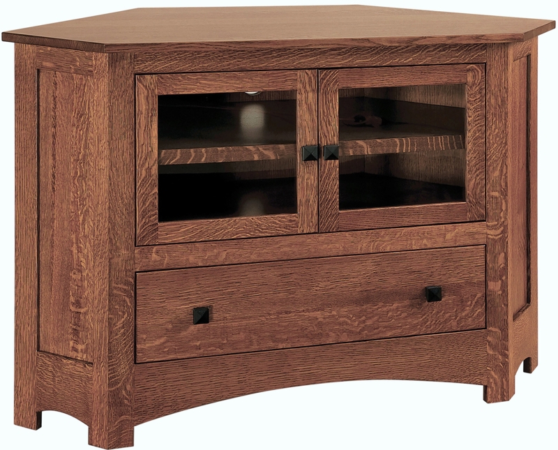 Corner TV Cabinet Mission Style Reddish Brown Wood Arched Base