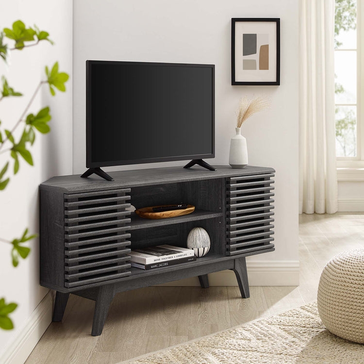 Corner TV Stand Charcoal Slat Doors Mid Century Modern Cabinet