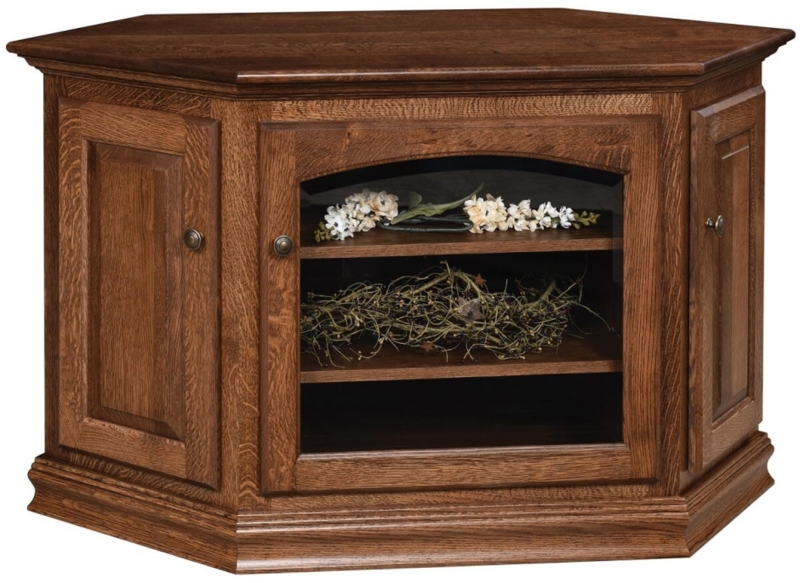 Corner TV Stand Craftsman Style Arched Glass Door Warm Brown Wood