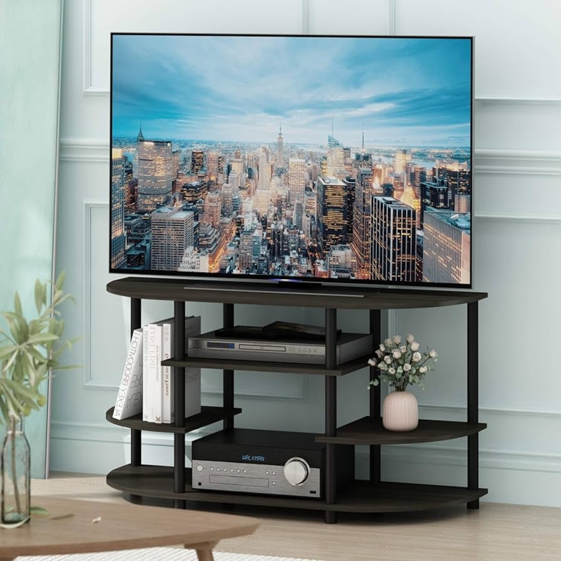 Corner TV Stand Curved Front Espresso Finish Four Tier Storage