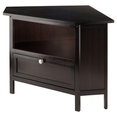 Corner TV Stand Espresso Finish Transitional Style Silver Knob