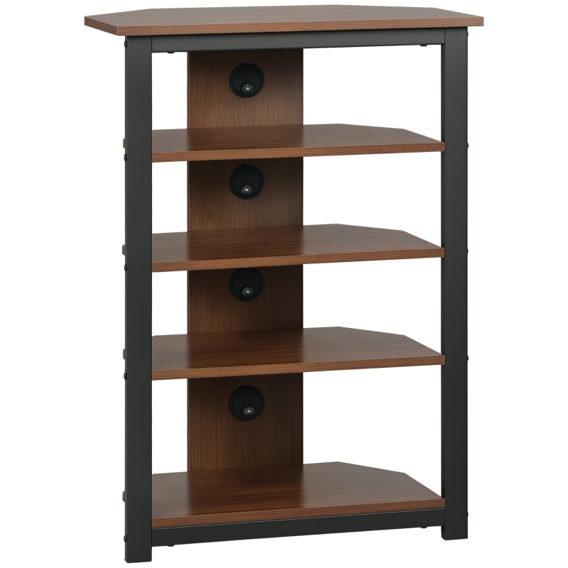 Corner TV Stand Industrial Modern Five Tier Shelving Walnut Black