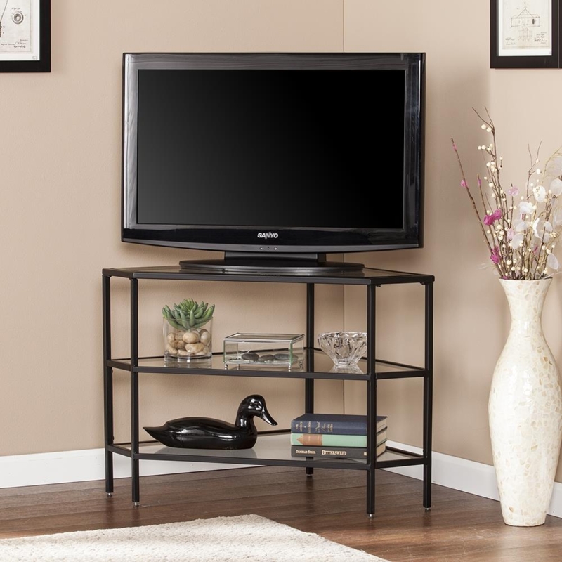 Corner TV Stand, Matte Black Metal Frame with Glass Shelves