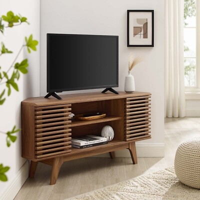 Corner TV Stand Mid-Century Walnut Finish with Splayed Legs