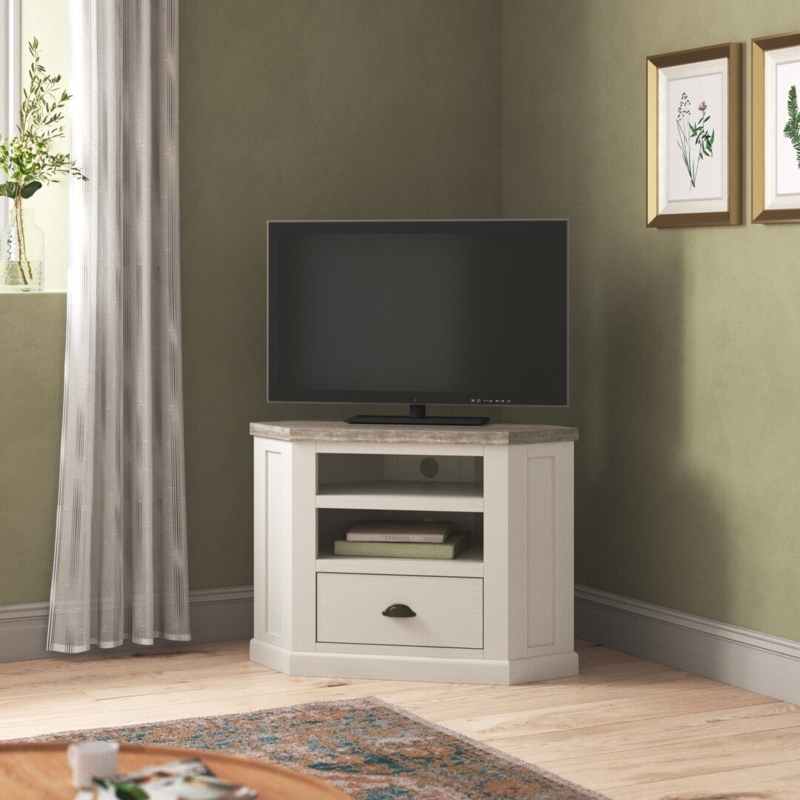 Corner TV Stand Modern Farmhouse Off-White and Gray Cup Pull Handle
