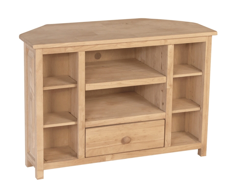 Corner TV Stand Natural Wood Finish Transitional Style Central Drawer