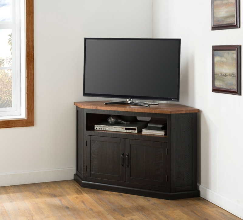 Corner TV Stand Rustic Antique Black and Honey Plank Style Doors