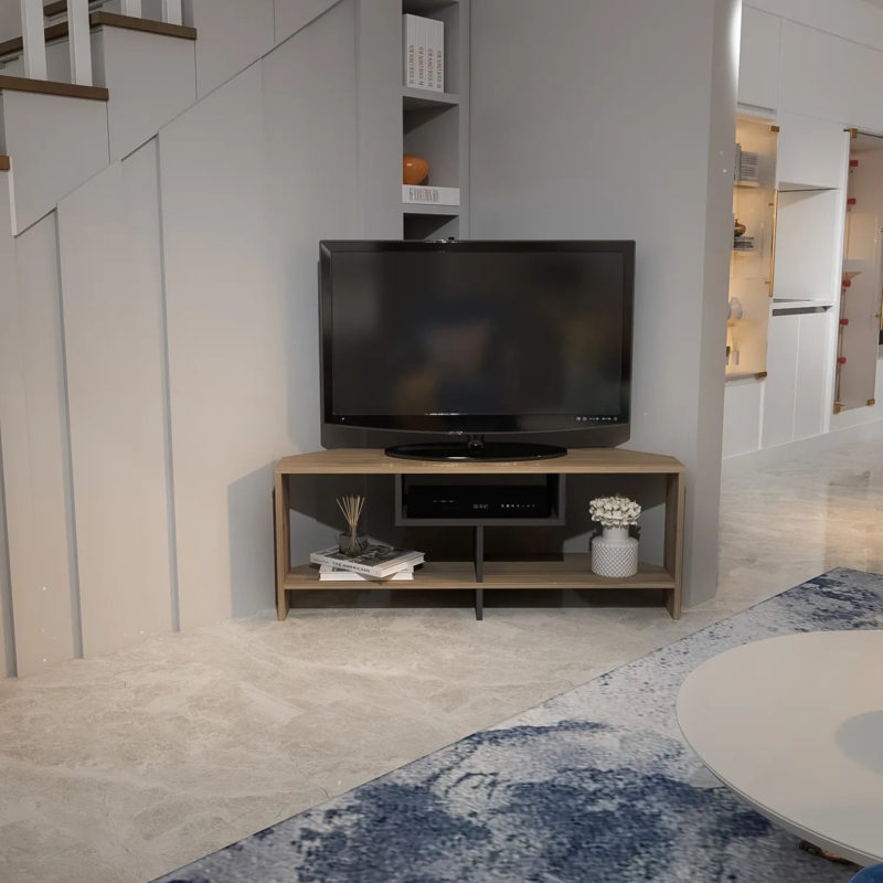 Corner TV Stand Warm Beige Wood Grain Minimalist Tiered Storage