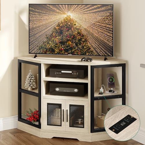 Corner TV Stand with Integrated Power Outlet, Industrial Mesh Doors